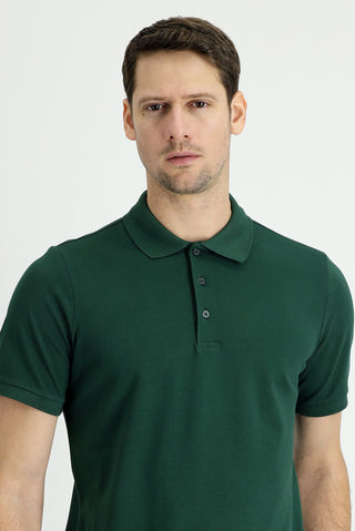  Koyu Yeşil Polo Yaka Regular Fit Nakışlı Pamuk Tişört