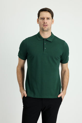  Koyu Yeşil Polo Yaka Regular Fit Nakışlı Pamuk Tişört