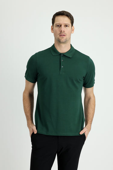 Koyu Yeşil Polo Yaka Regular Fit Nakışlı Pamuk Tişört