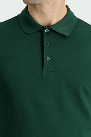 Koyu Yeşil Polo Yaka Regular Fit Nakışlı Pamuk Tişört