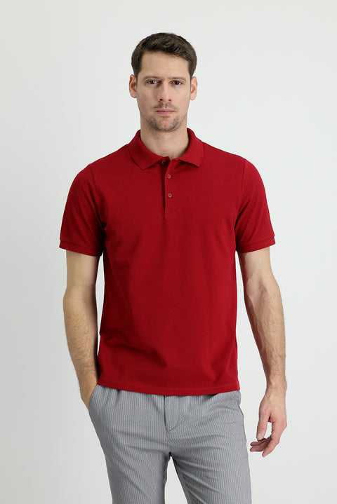 Koyu Kırmızı Polo Yaka Regular Fit Nakışlı Pamuk Tişört