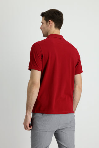  Koyu Kırmızı Polo Yaka Regular Fit Nakışlı Pamuk Tişört