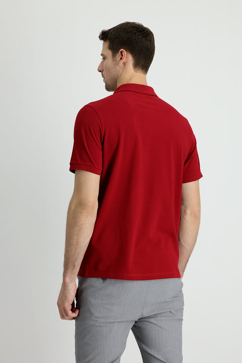 Koyu Kırmızı Polo Yaka Regular Fit Nakışlı Pamuk Tişört
