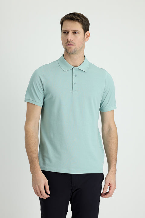 Su Yeşili Polo Yaka Regular Fit Nakışlı Pamuk Tişört