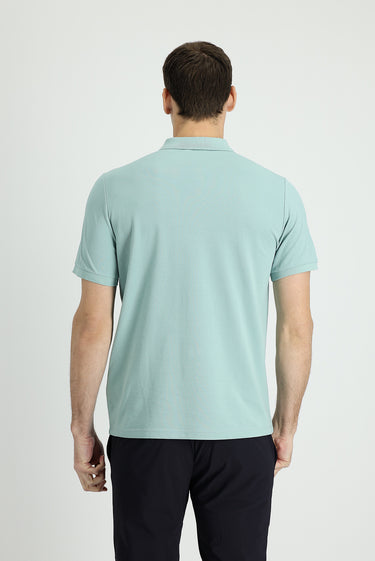 Su Yeşili Polo Yaka Regular Fit Nakışlı Pamuk Tişört