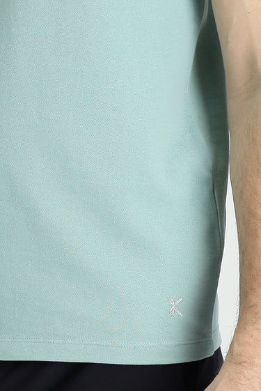 Su Yeşili Polo Yaka Regular Fit Nakışlı Pamuk Tişört
