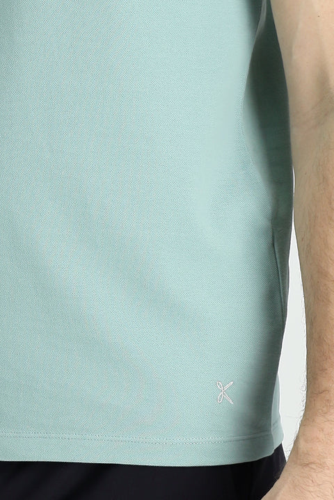 Su Yeşili Polo Yaka Regular Fit Nakışlı Pamuk Tişört