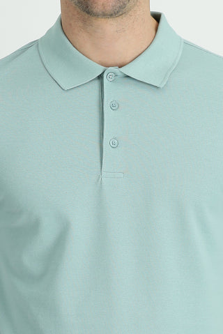  Su Yeşili Polo Yaka Regular Fit Nakışlı Pamuk Tişört