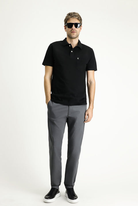 Siyah Polo Yaka Regular Fit Cepli Nakışlı Pamuk Tişört