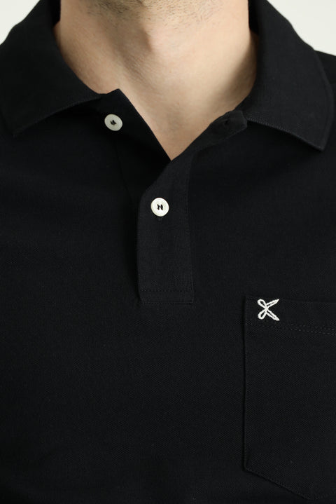 Siyah Polo Yaka Regular Fit Cepli Nakışlı Pamuk Tişört