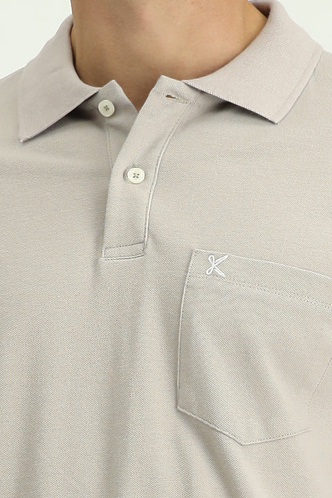 Orta Gri Polo Yaka Regular Fit Cepli Nakışlı %100 Pamuk Tişört