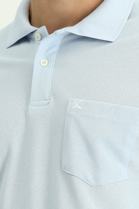 Açık Mavi Polo Yaka Regular Fit Cepli Nakışlı %100 Pamuk Tişört