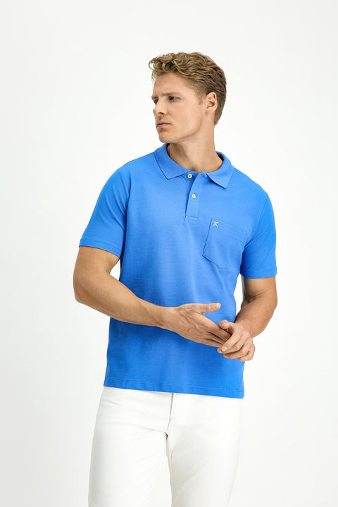 Saks Mavi Polo Yaka Regular Fit Cepli Nakışlı %100 Pamuk Tişört