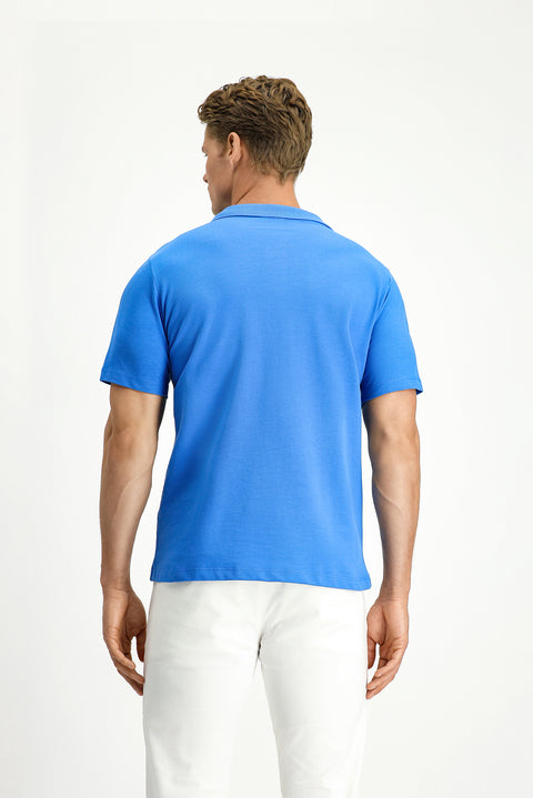 Saks Mavi Polo Yaka Regular Fit Cepli Nakışlı %100 Pamuk Tişört