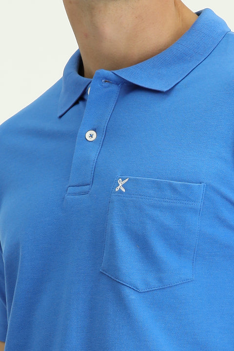 Saks Mavi Polo Yaka Regular Fit Cepli Nakışlı %100 Pamuk Tişört