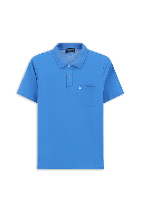 Saks Mavi Polo Yaka Regular Fit Cepli Nakışlı %100 Pamuk Tişört