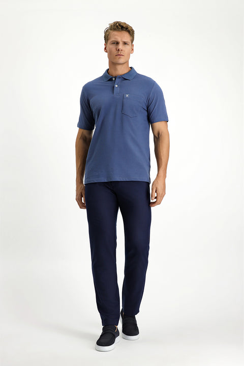 İndigo Polo Yaka Regular Fit Cepli Nakışlı %100 Pamuk Tişört