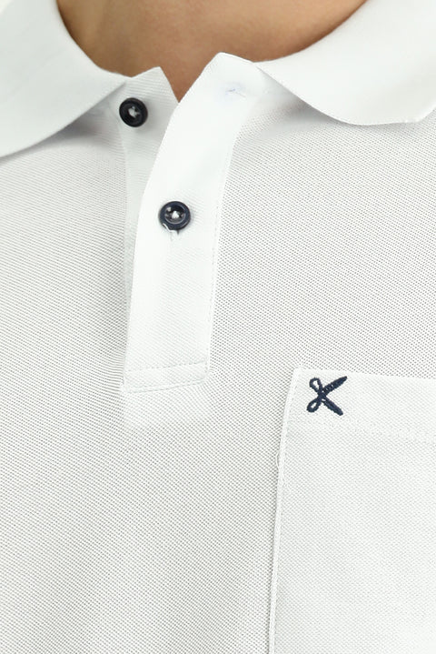 Beyaz Polo Yaka Regular Fit Cepli Nakışlı %100 Pamuk Tişört