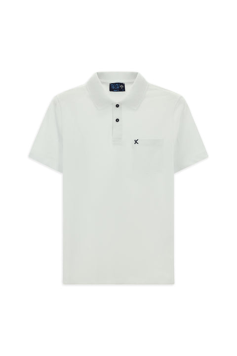 Beyaz Polo Yaka Regular Fit Cepli Nakışlı %100 Pamuk Tişört