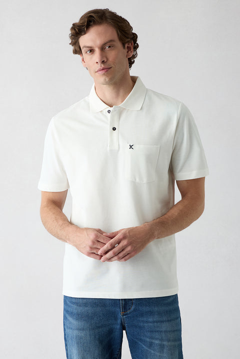 Kırık Beyaz Polo Yaka Regular Fit Cepli Nakışlı %100 Pamuk Tişört