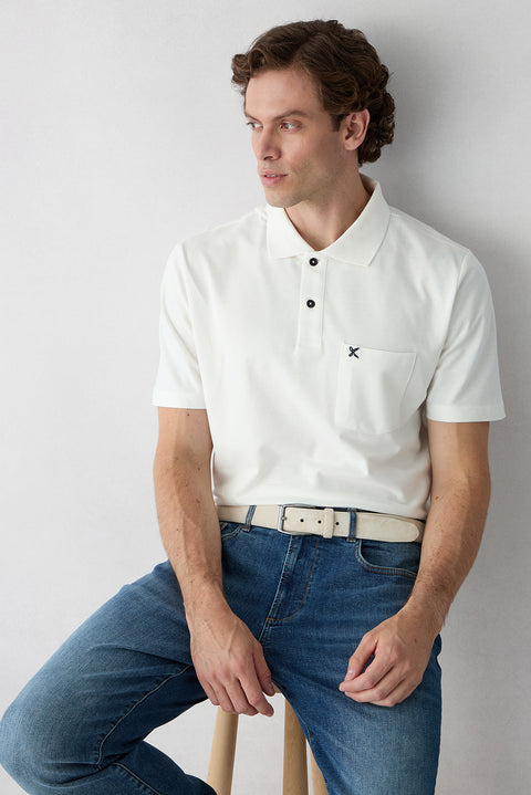 Kırık Beyaz Polo Yaka Regular Fit Cepli Nakışlı %100 Pamuk Tişört