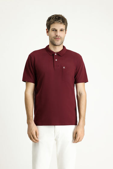  Koyu Bordo Cepli Polo Yaka Regular Fit Nakışlı Pamuk Tişört