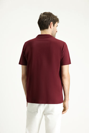  Koyu Bordo Cepli Polo Yaka Regular Fit Nakışlı Pamuk Tişört
