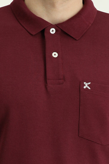 Koyu Bordo Cepli Polo Yaka Regular Fit Nakışlı Pamuk Tişört