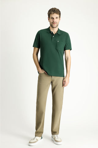  Koyu Yeşil Cepli Polo Yaka Regular Fit Nakışlı Pamuk Tişört