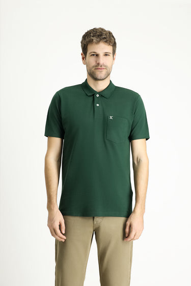 Koyu Yeşil Cepli Polo Yaka Regular Fit Nakışlı Pamuk Tişört