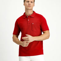 Koyu Kırmızı Cepli Polo Yaka Regular Fit Nakışlı Pamuk Tişört