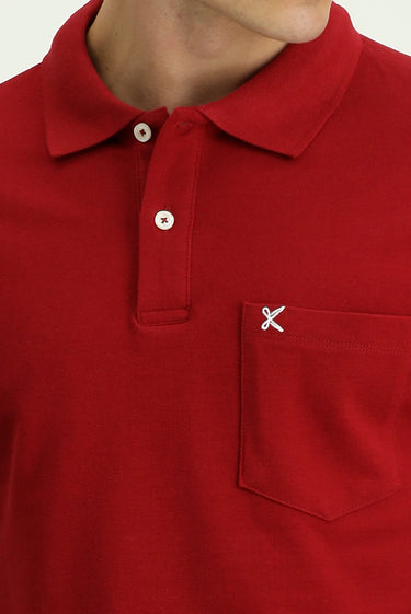 Koyu Kırmızı Cepli Polo Yaka Regular Fit Nakışlı Pamuk Tişört
