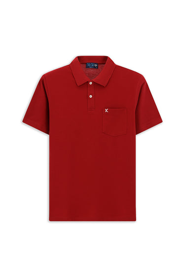 Koyu Kırmızı Cepli Polo Yaka Regular Fit Nakışlı Pamuk Tişört