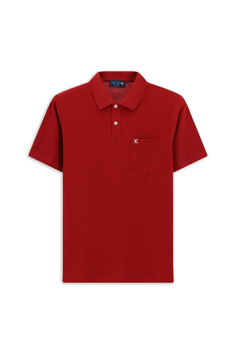 Koyu Kırmızı Polo Yaka Regular Fit Cepli Nakışlı %100 Pamuk Tişört