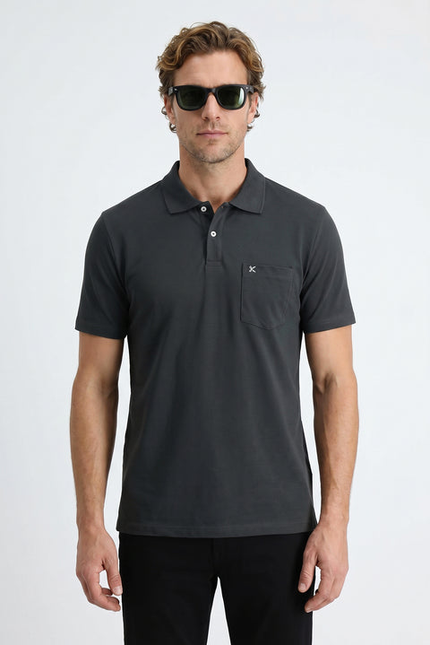Dark Anthracite Polo Collar Regular Fit Pocketed Embroidered 100% Cotton T-shirt