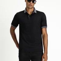 Siyah Polo Yaka Regular Fit Desenli Pamuklu Tişört
