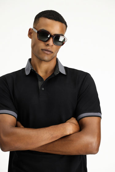  Siyah Polo Yaka Regular Fit Desenli Pamuklu Tişört