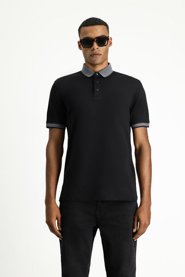  Siyah Polo Yaka Regular Fit Desenli Pamuklu Tişört