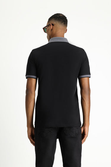 Siyah Polo Yaka Regular Fit Desenli Pamuklu Tişört