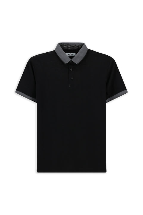 Siyah Polo Yaka Regular Fit Desenli Pamuklu Tişört