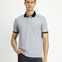 Orta Gri Polo Yaka Regular Fit Desenli Pamuklu Tişört