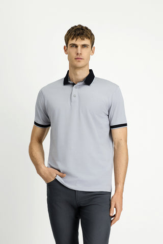  Orta Gri Polo Yaka Regular Fit Desenli Pamuklu Tişört