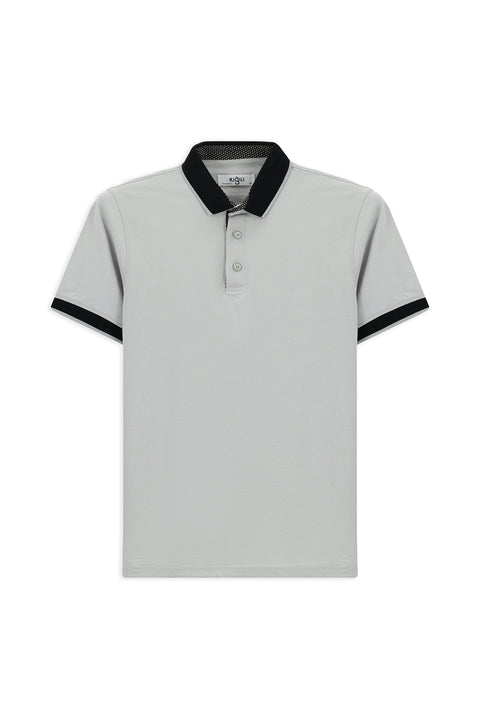 Orta Gri Polo Yaka Regular Fit Desenli Pamuklu Tişört