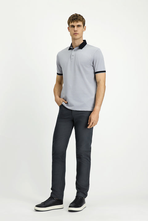 Orta Gri Polo Yaka Regular Fit Desenli Pamuklu Tişört