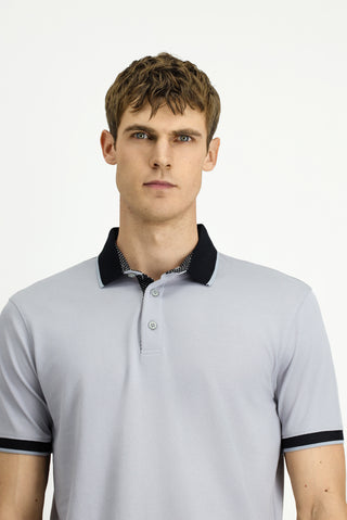  Orta Gri Polo Yaka Regular Fit Desenli Pamuklu Tişört