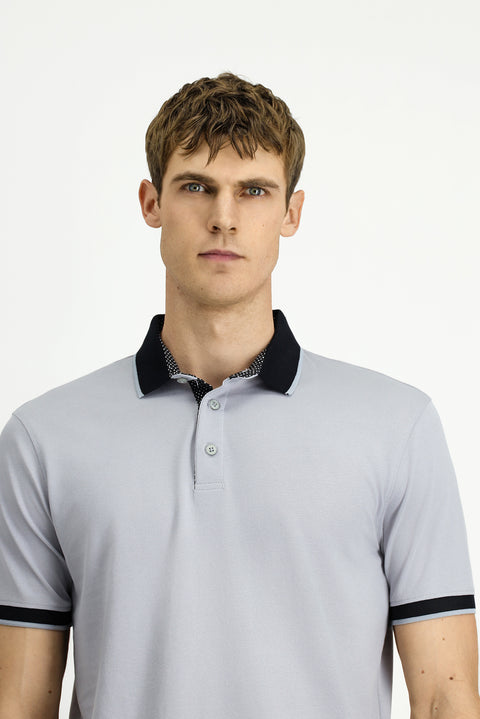 Orta Gri Polo Yaka Regular Fit Desenli Pamuklu Tişört