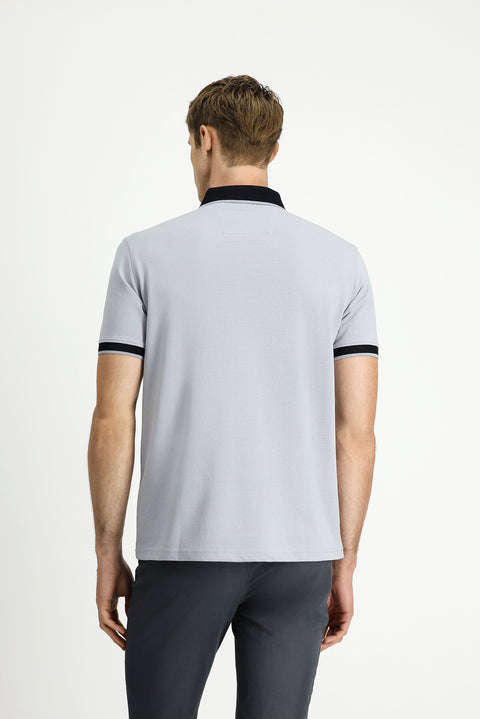 Orta Gri Polo Yaka Regular Fit Desenli Pamuklu Tişört