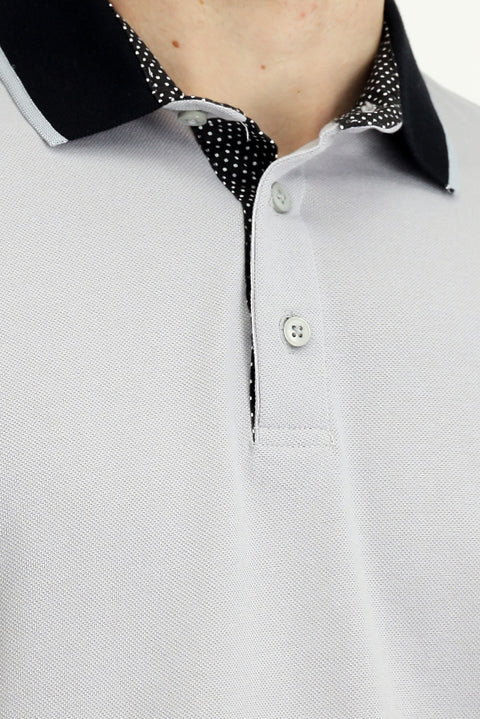 Orta Gri Polo Yaka Regular Fit Desenli Pamuklu Tişört