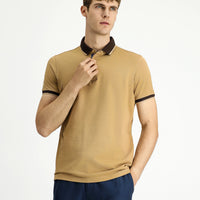 Orta Bej Polo Yaka Regular Fit Desenli Pamuklu Tişört