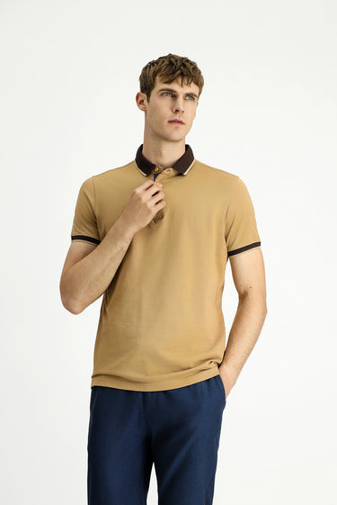  Orta Bej Polo Yaka Regular Fit Desenli Pamuklu Tişört